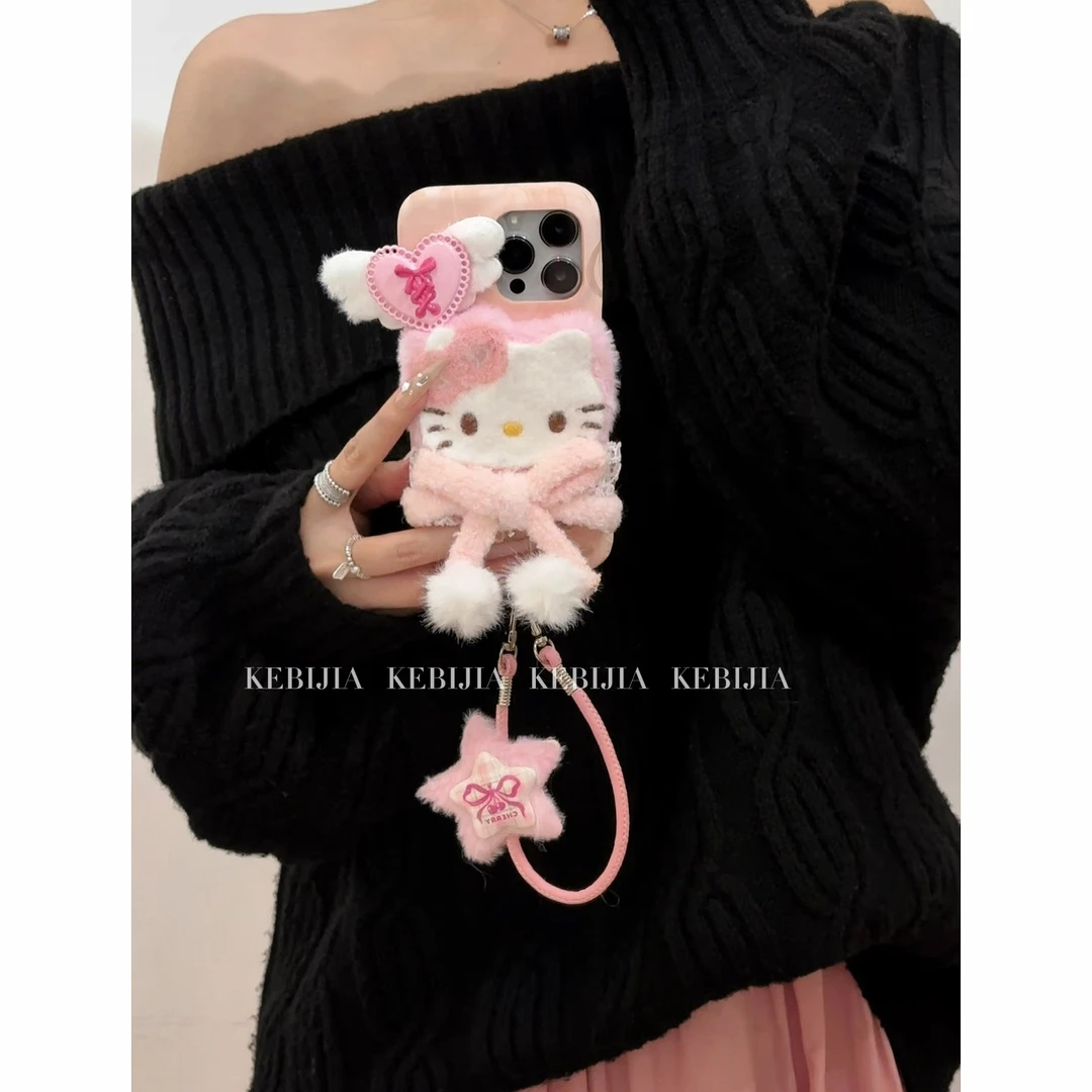 ins毛绒粉色可爱kt猫挂绳防摔适用于苹果16promax15/14手机壳