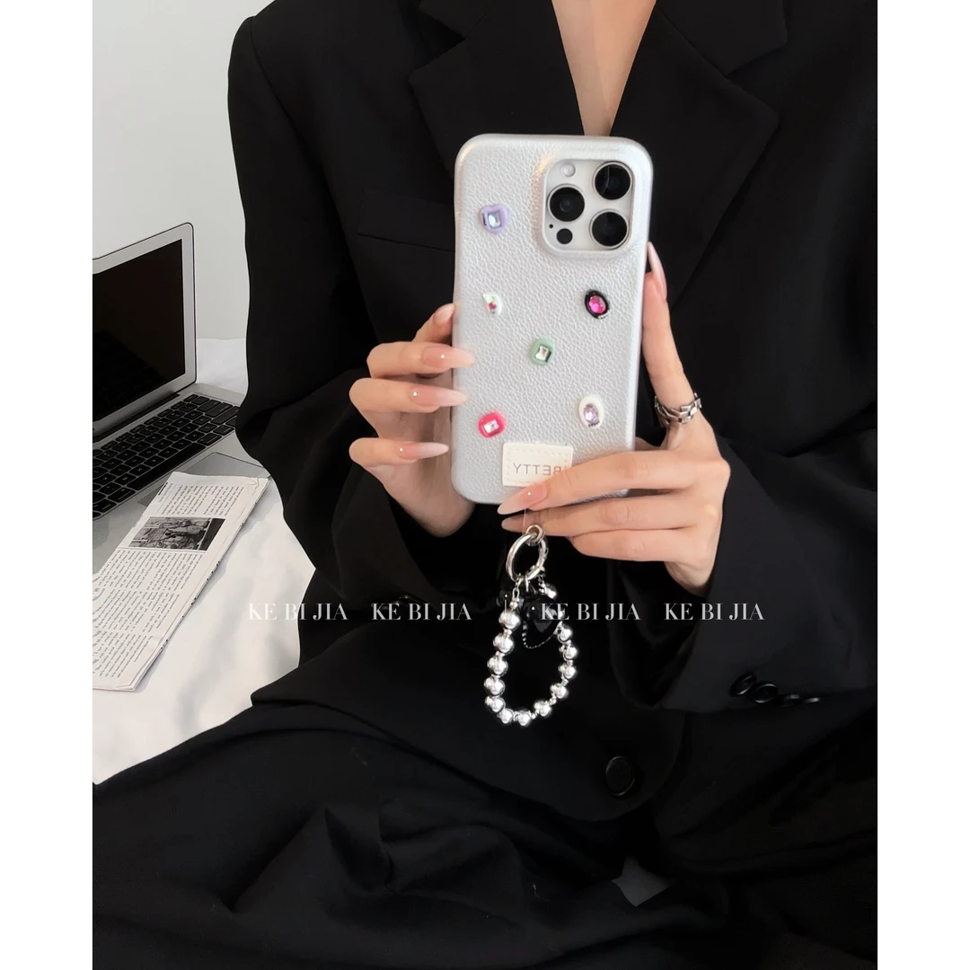 ins高级感博主宝石皮质壳防摔适用于苹果14promax15/13/12手机壳