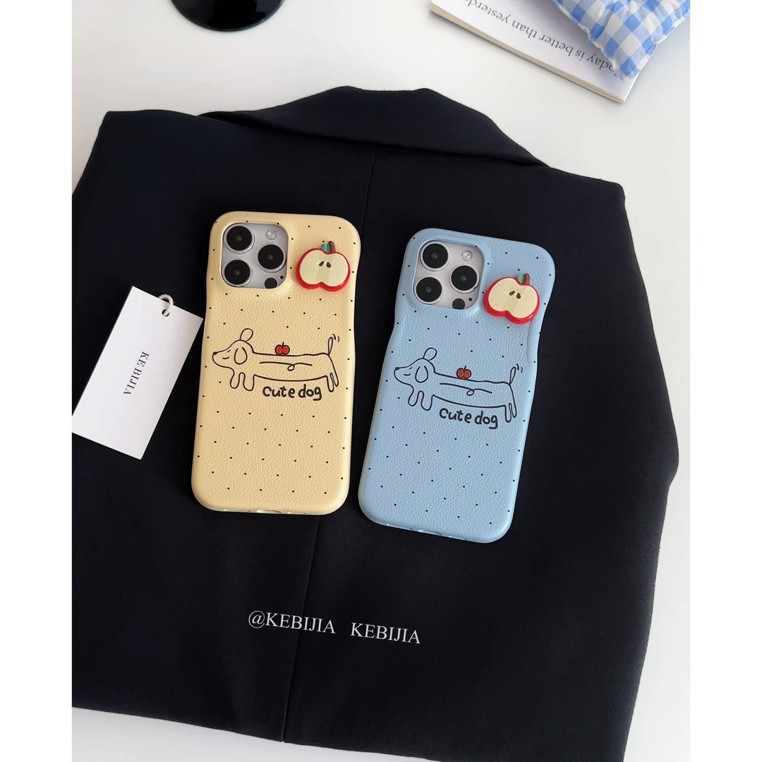ins可爱波点小狗皮质防摔适用于苹果14promax/15/13/12 手机壳