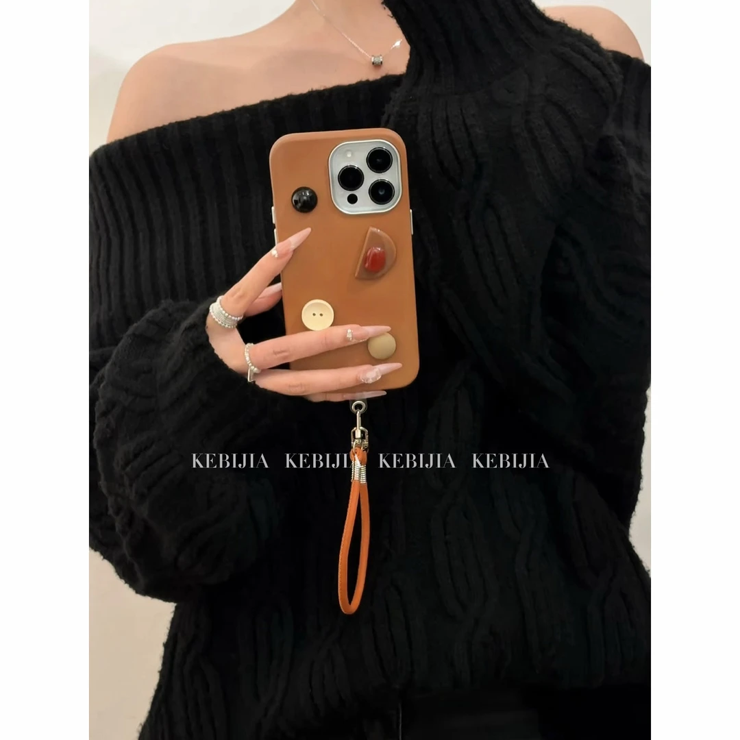 ins小众艺术韩系棕色复古挂绳防摔适用于苹果16promax15/14手机壳
