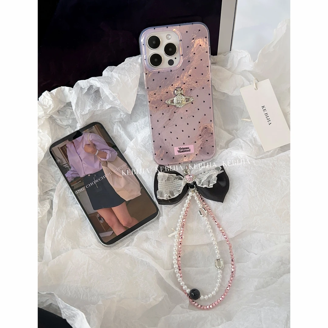 小众高级定制波点土星蝴蝶结链条适用于苹果16promax15/14手机壳