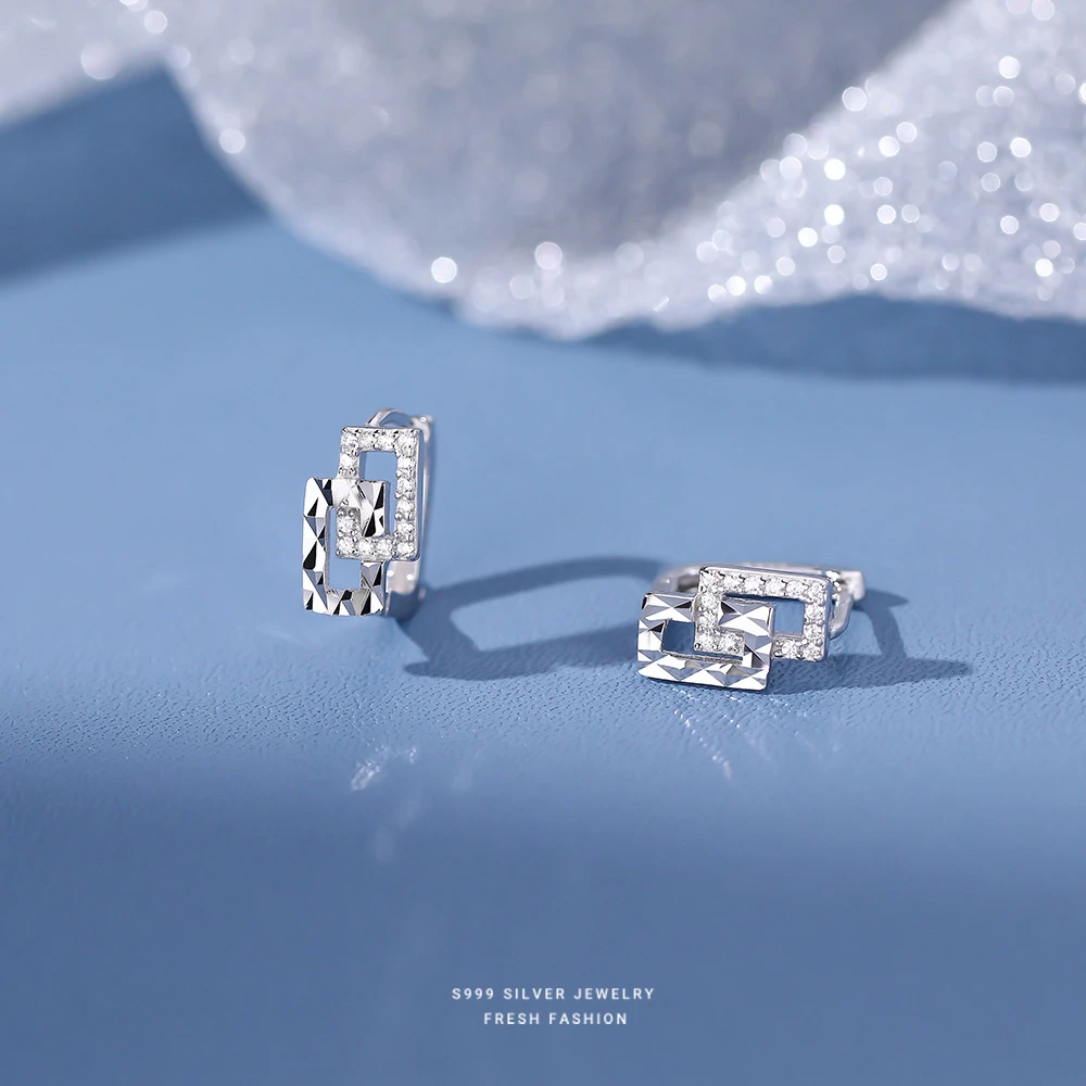 足银耳饰 999足银棱面几何切割方形耳圈轻奢高级感ins风气质耳扣