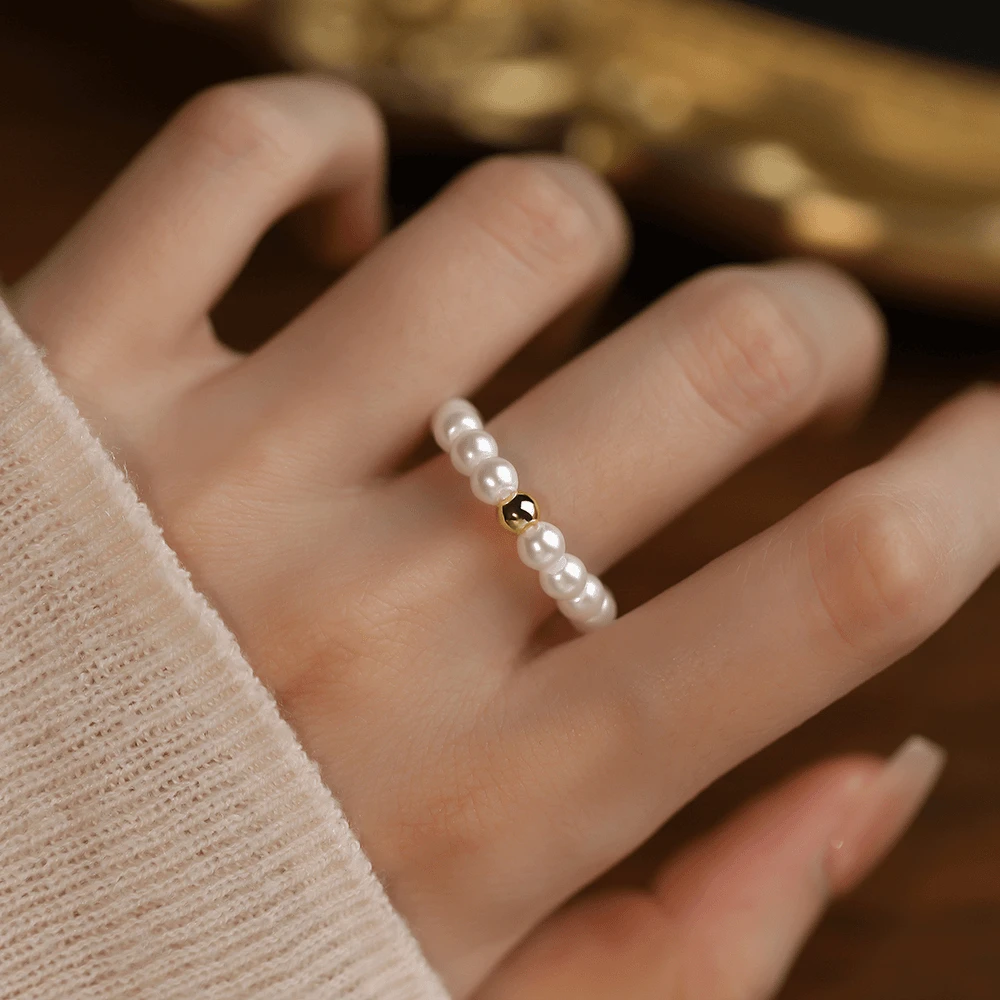 925银戒指 澳白色珠戒指港码20-24号轻奢时尚百搭气质复古戒指