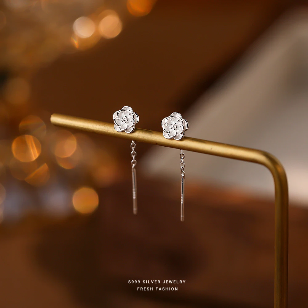 足银耳饰 山茶花耳线999足银百搭轻奢优雅花朵玫瑰耳线耳饰