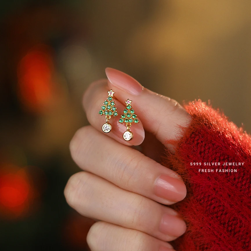 足银耳饰 999足银圣诞树耳钉女2025年爆款圣诞节耳饰圣诞礼物