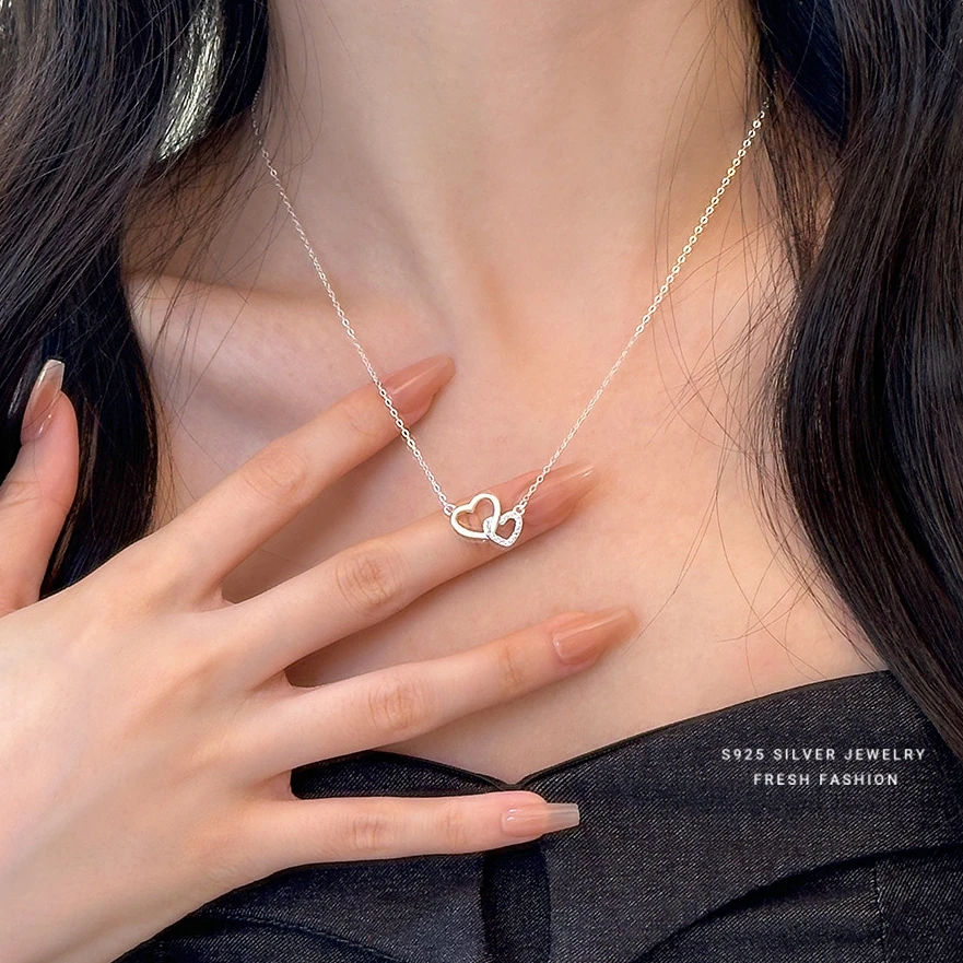 坠链均925银 环环相扣爱心项链女纯银甜美锁骨链送女友生日礼物