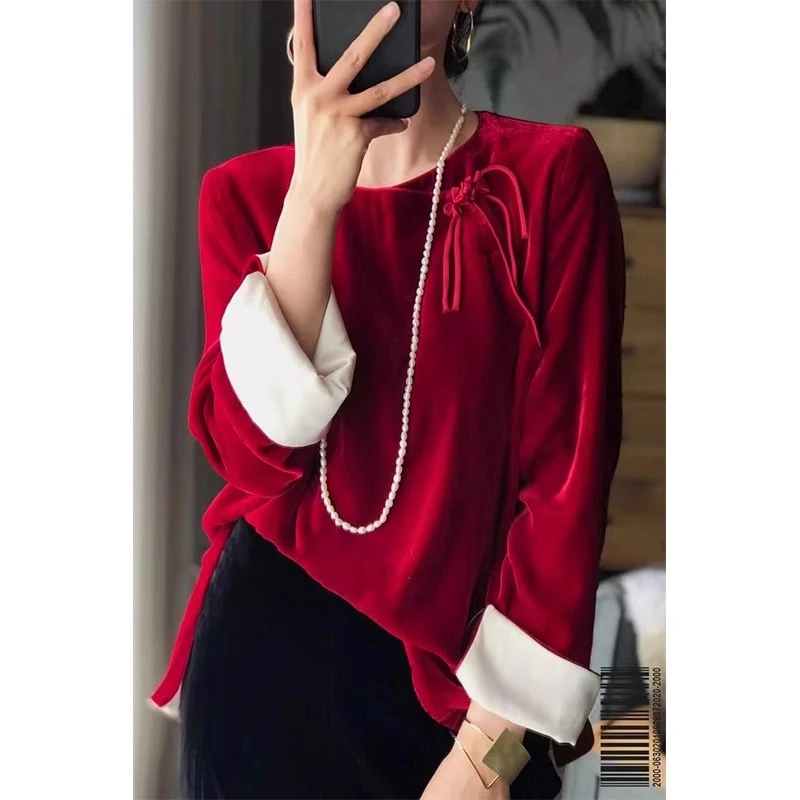 新中式复古深红色丝真丝绒小圆领斜襟衬衫长袖宽松上衣女秋