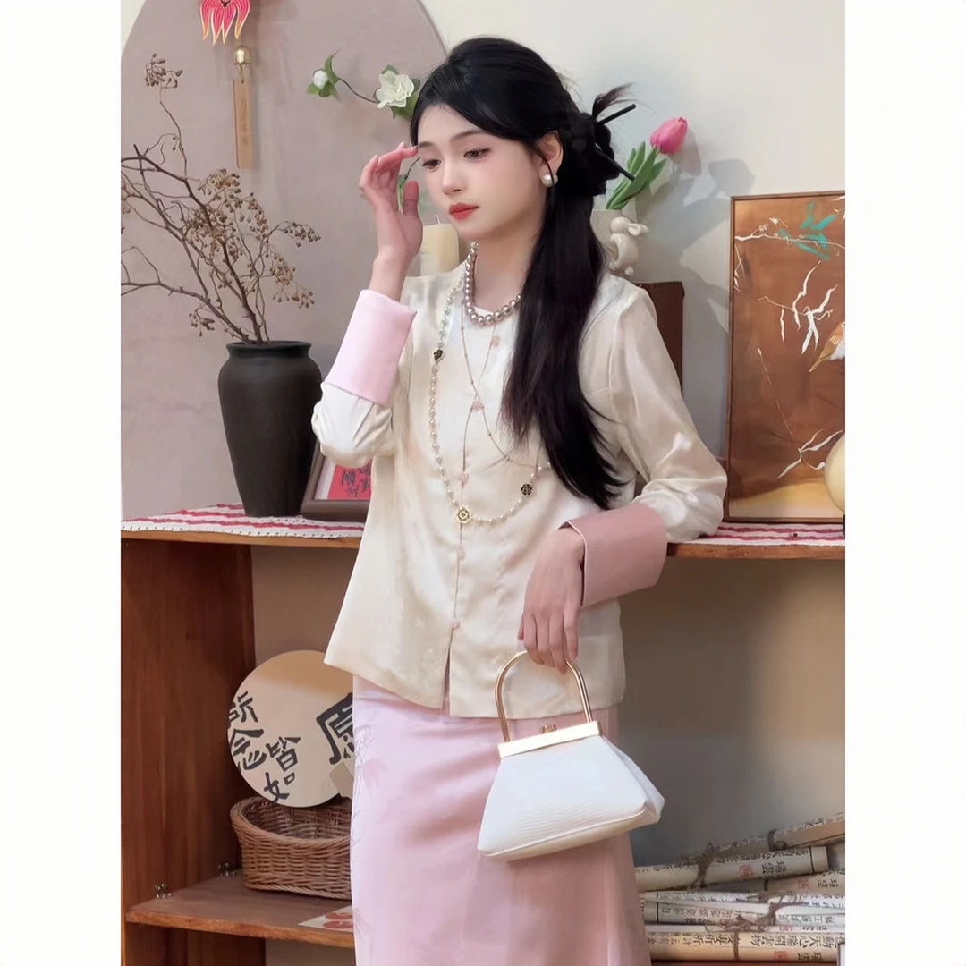 A213#2025春季新款新中式短款提花盘扣衬衫复古高腰包臀半身裙子