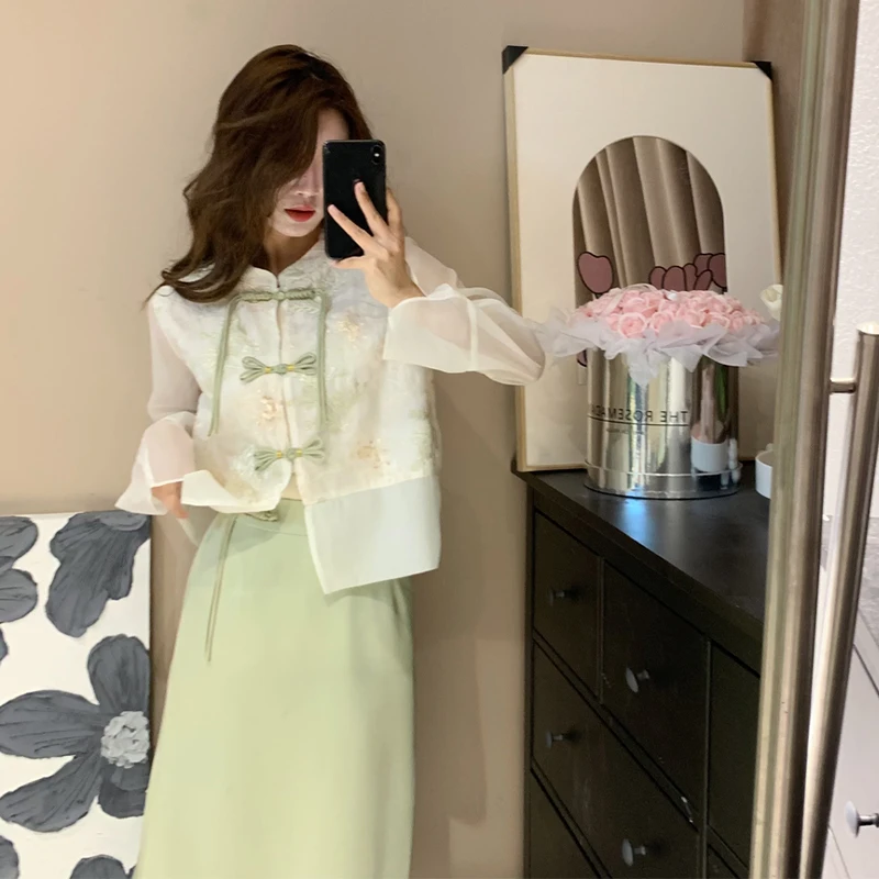 A272#2024夏季新款女新中式国风刺绣盘扣防晒开衫气质高腰半身裙