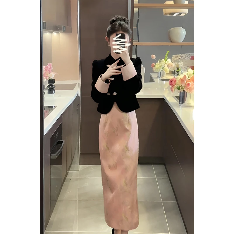 2025春季新款新中式立领盘扣撞色修身外套高腰显瘦提花包臀半身裙