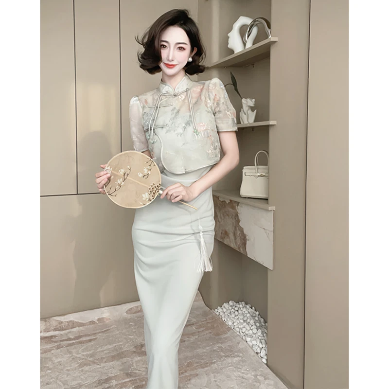 A292#2024夏季新款女新中式国风重工刺绣上衣气质收腰吊带连衣裙