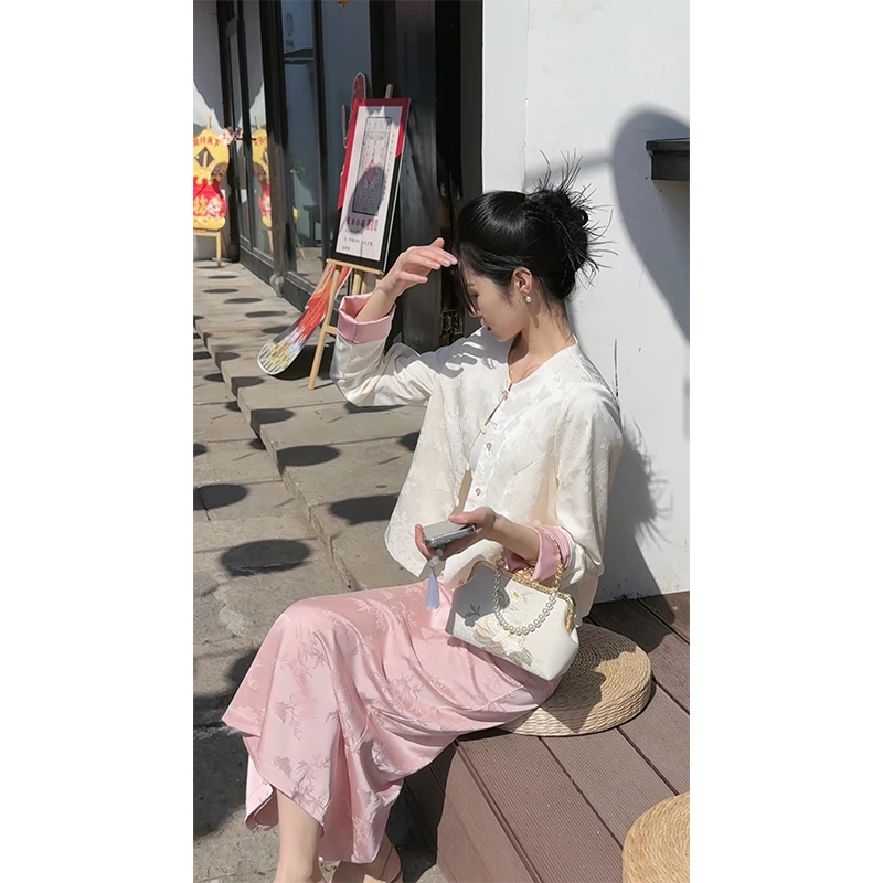 A225#2025春季新款女新中式短款提花盘扣衬衫复古高腰显瘦半身裙