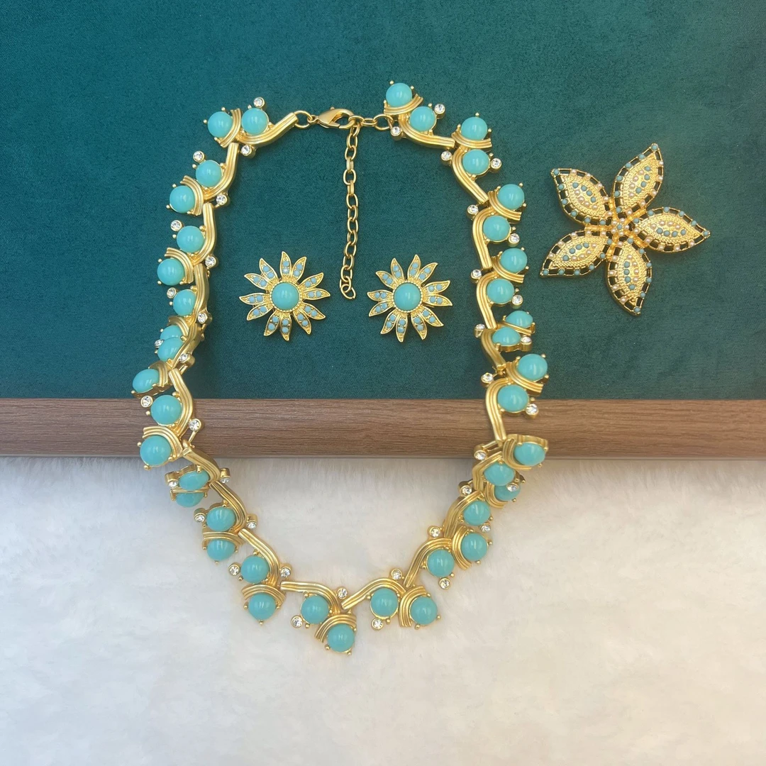 铜合金项链 中古vintage真金电镀复古效果重工项链耳钉套装