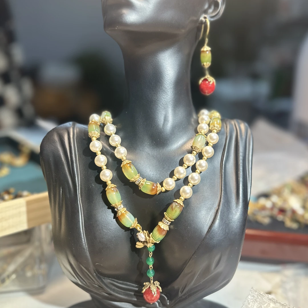 铜合金琉璃项链 国潮风项链耳饰原创精致中古双层项链高级感套装