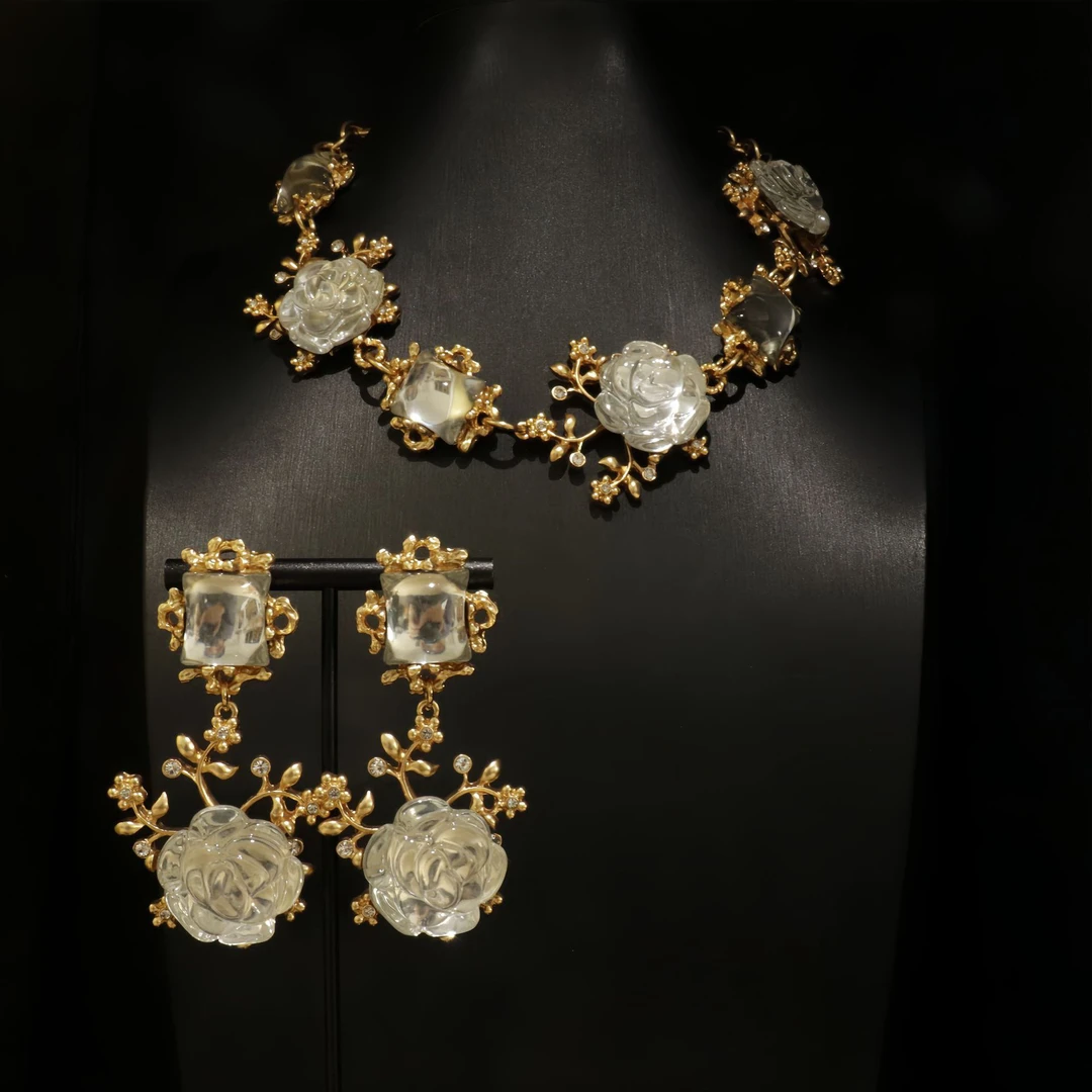 铜合金琉璃项链 法式复古玫瑰花多色项链套装气质优雅设计感套装