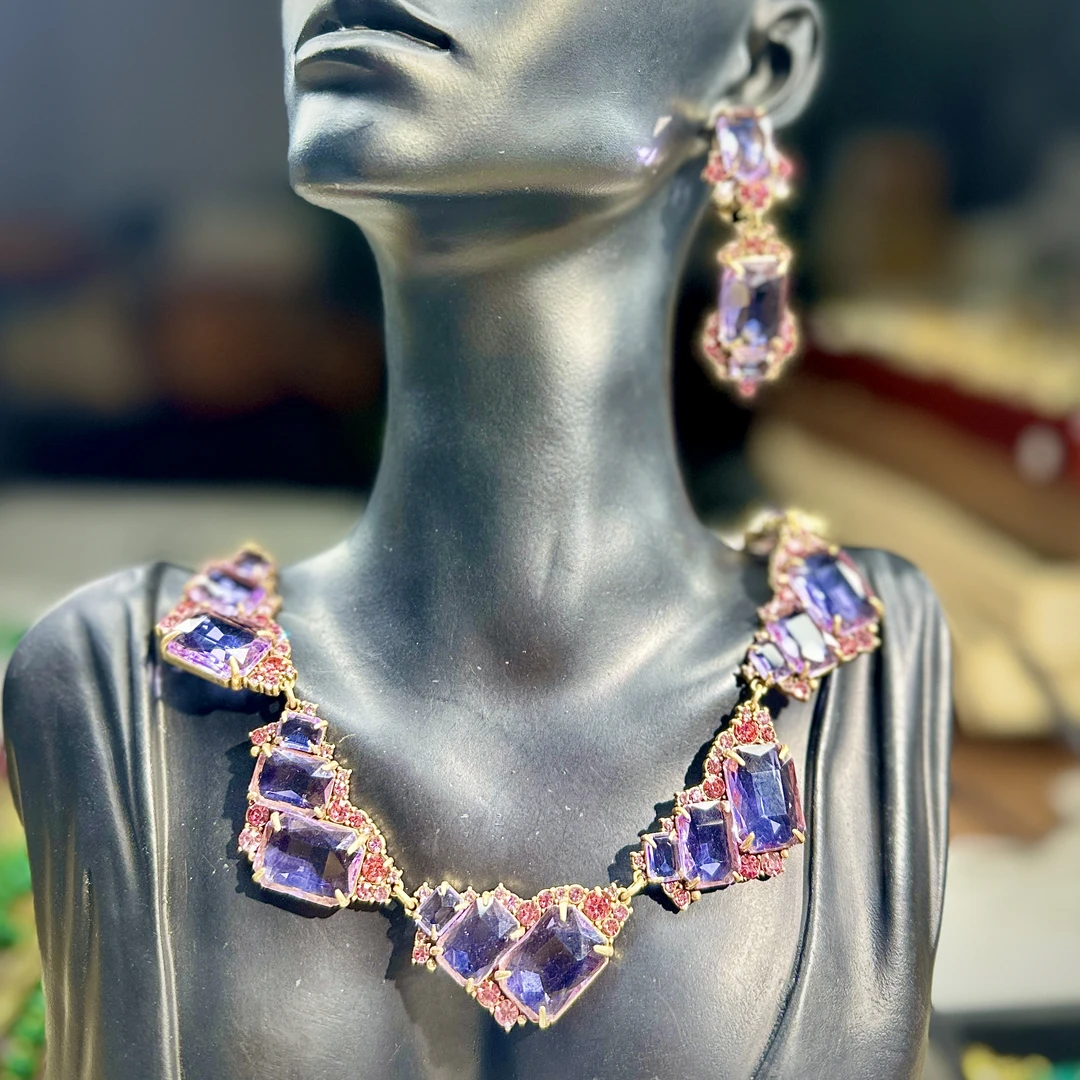 铜合金仿水晶项链 重工紫色晶晶项链高奢时尚百搭设计轻奢风套装