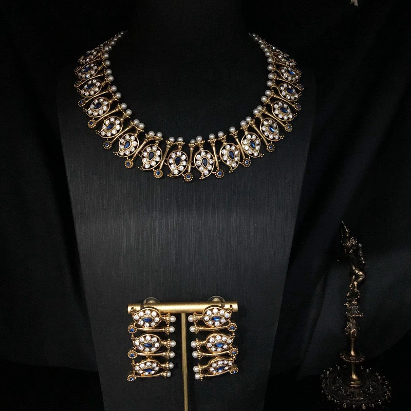 铜合金项链 中古饰品高级感精致时尚项链耳钉套装气质轻奢颈链