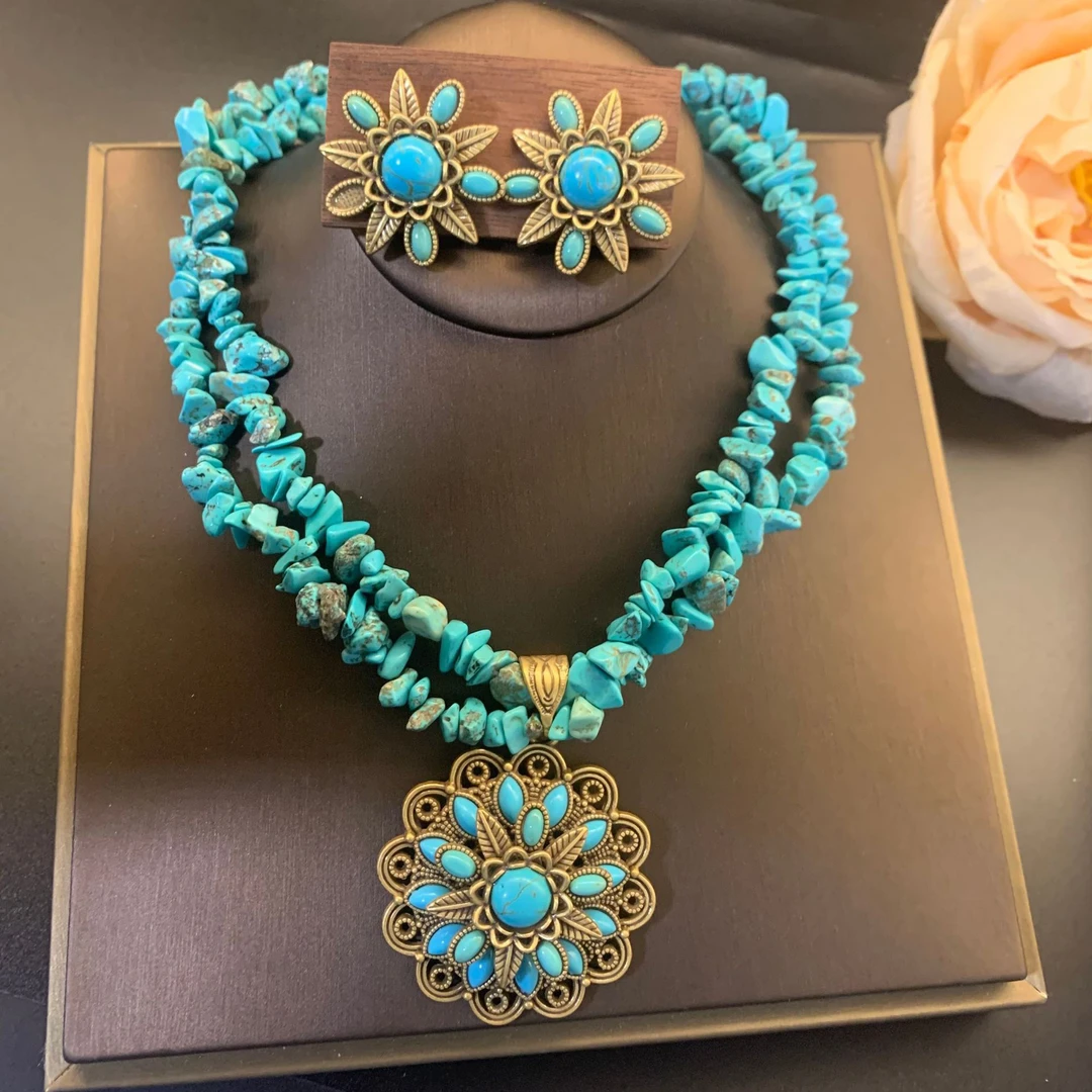 铜合金项链 波西米亚风夸张复古项链手工串珠气质项坠耳饰套装女