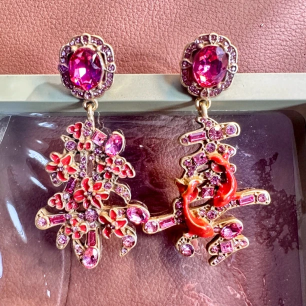 黄铜合成锆石耳饰 新中式大版红色国风【喜乐】手工耳饰紫色耳环