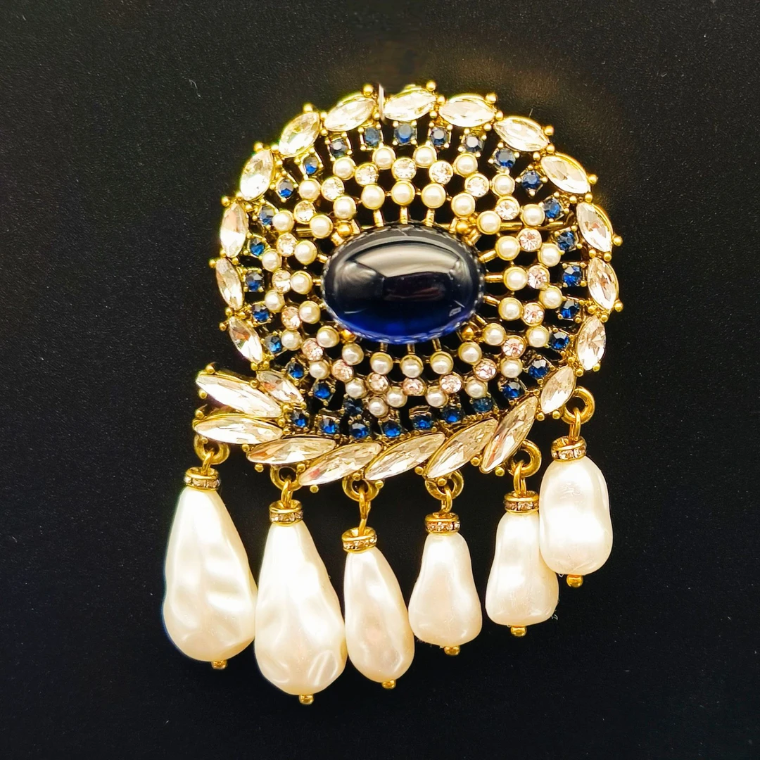 铜合金胸针 中古vintage饰品复古轻奢琉璃挂流苏气质胸针