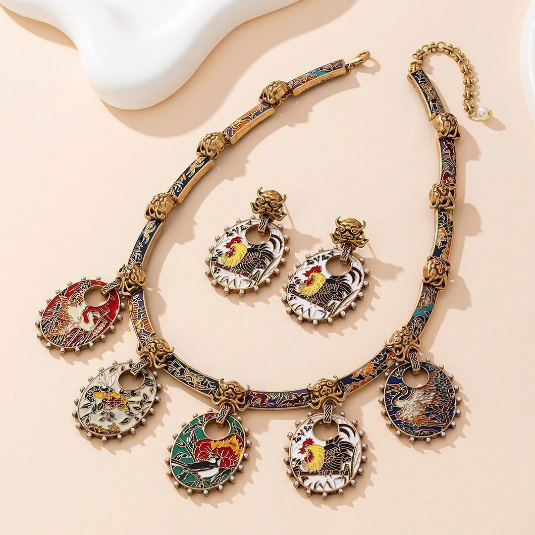 铜合金项链 欧美新款手工滴油套装民族个性复古项链套装