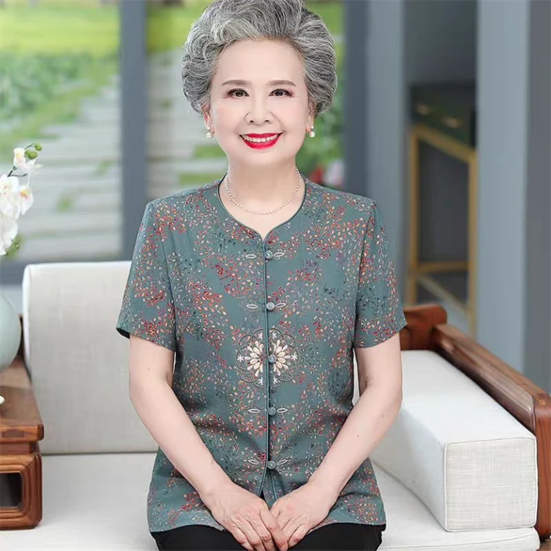 母亲节妈妈装短袖衬衫老年人夏装女奶奶唐装老人衣服婆婆衬衣套装