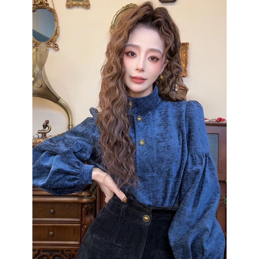 冬季加厚高级感气质立领衬衫女衬衣上衣