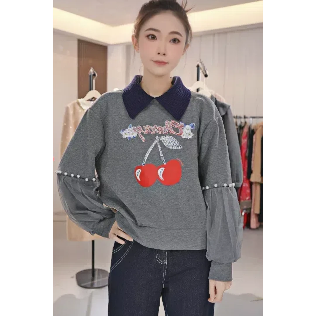 韩版宽松假两件POLO领套卫衣女2024秋冬新款显瘦上衣女