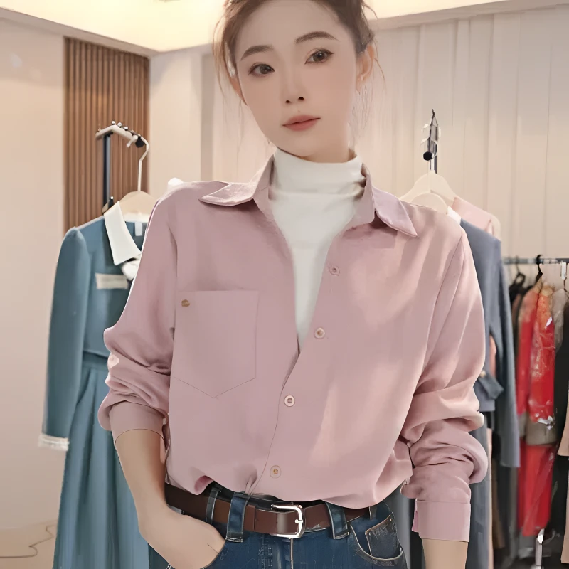 F2638秋霜绒复古半高领假两件衬衫女秋季新款设计感小众长袖上衣