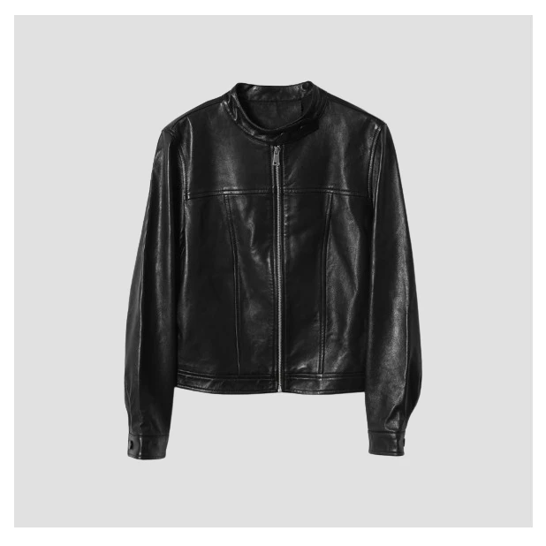 顶奢系列 重磅半植鞣绵羊皮休闲气质小立领皮衣夹克外套女