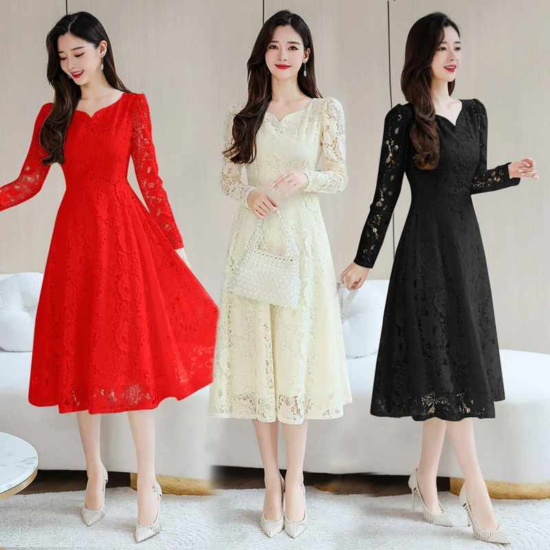 大码高端蕾丝连衣裙子春秋冬2024年新款女装长袖气质洋气长裙9166