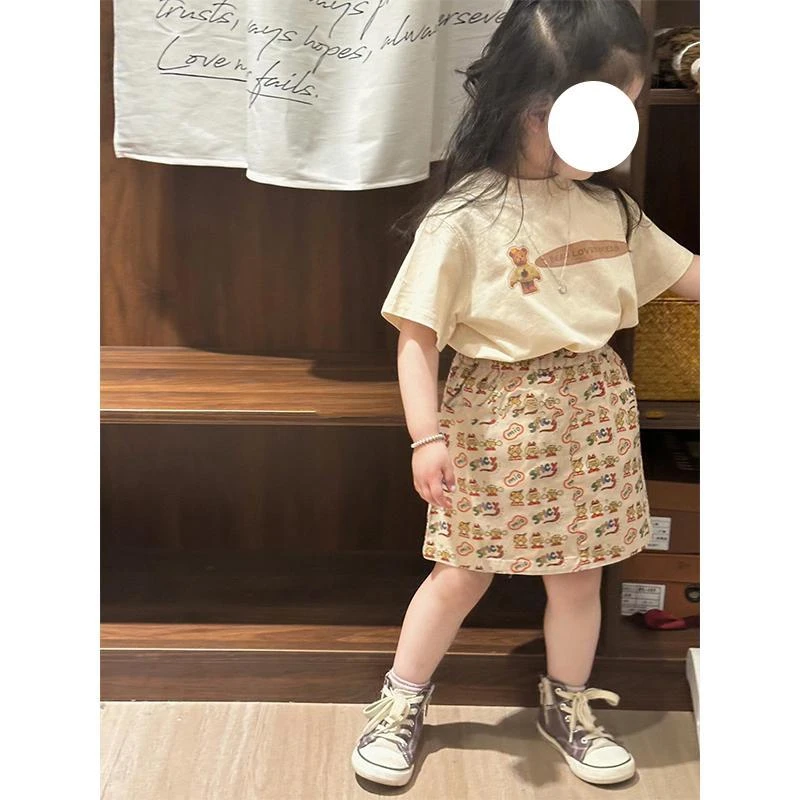 韩版童装女童夏季短袖套装2024新款纯色T恤印花半裙宝宝两件套