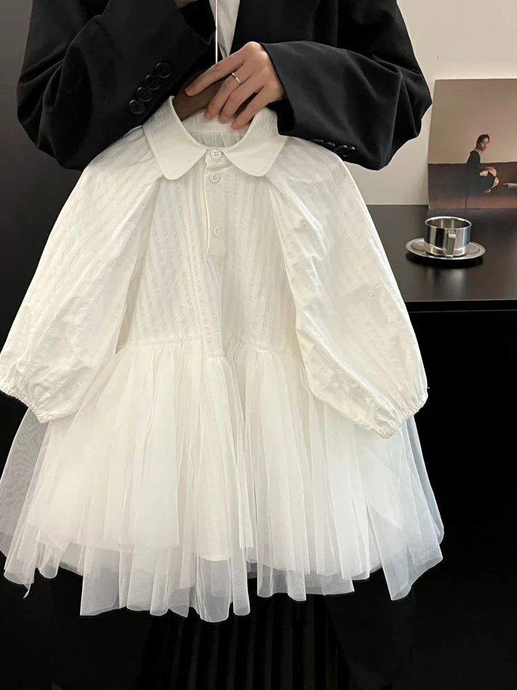 女童连衣裙2024秋季洋气新款儿童拼接网纱裙子宝宝气质纯色衬衫裙