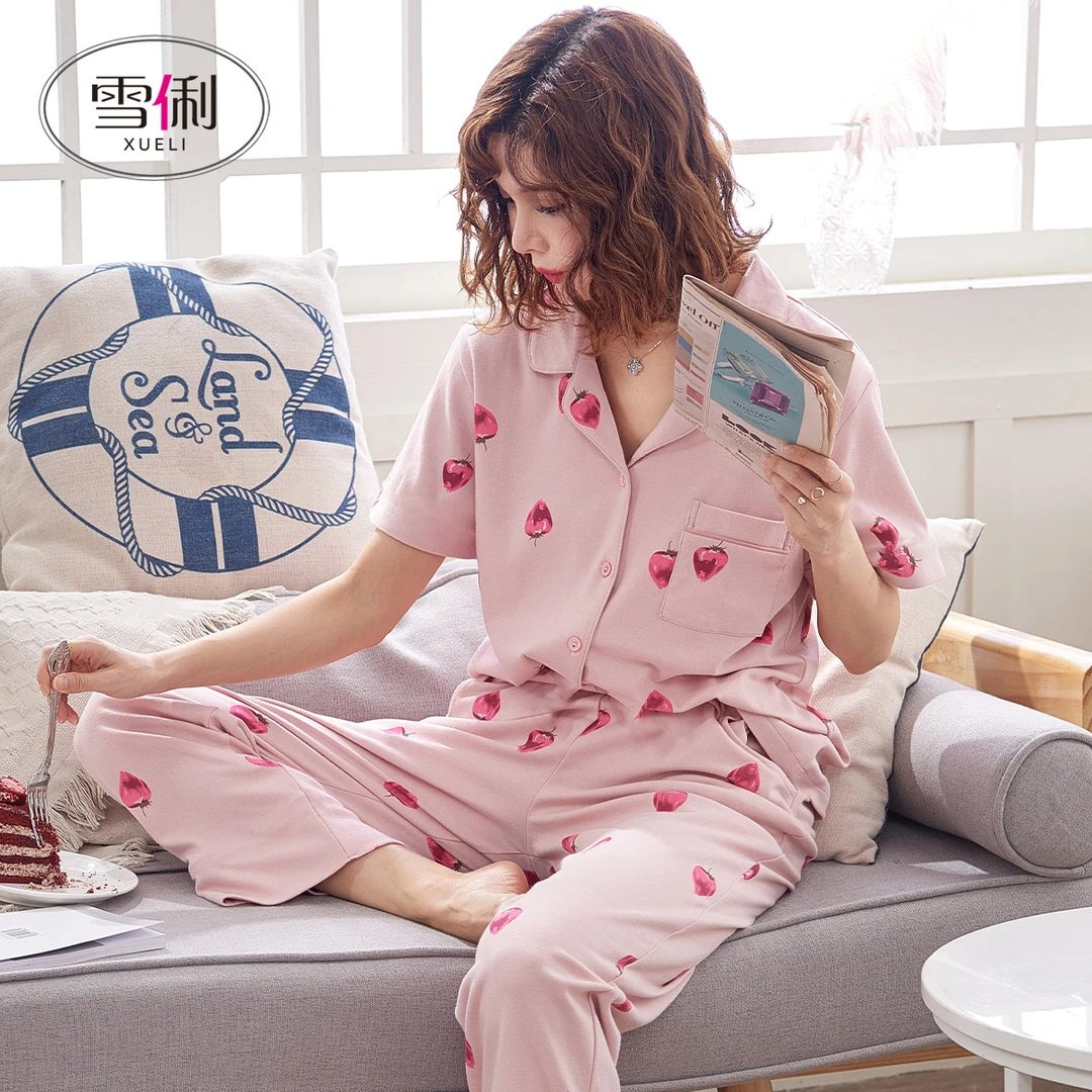 雪俐睡衣女夏季草莓清新短袖长裤两件套装可爱宽松家居服N6277