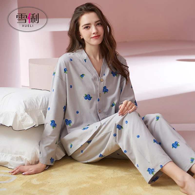 雪俐【莓有烦恼】春秋季纯棉睡衣女长袖家居服薄款V领居家服6487