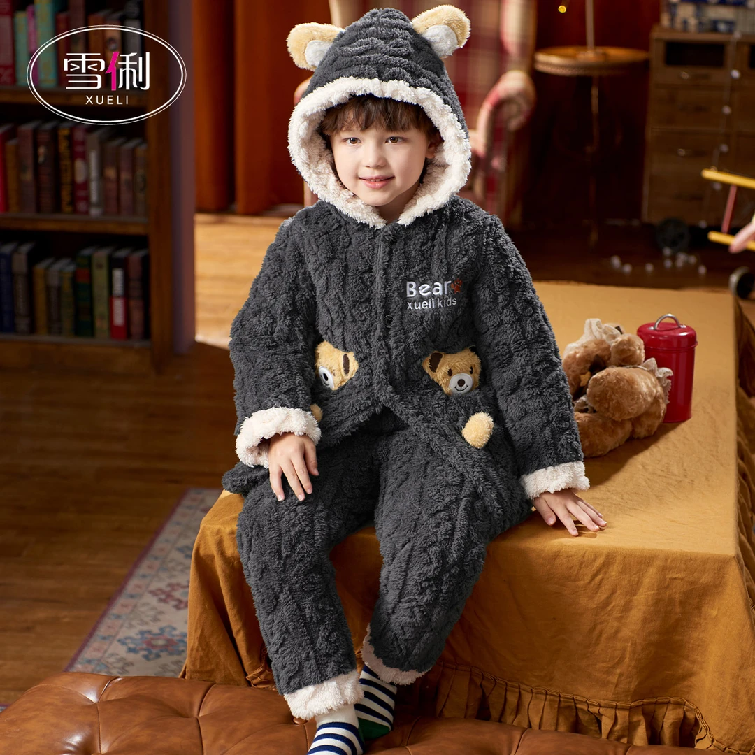 雪俐儿童睡衣男童法兰绒秋冬季三层加厚夹棉男孩珊瑚绒家居服9078