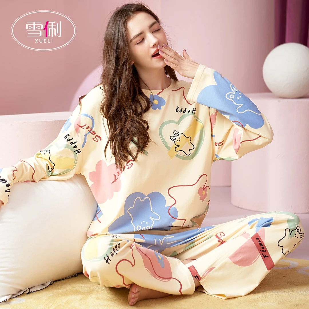 雪俐新品纯棉睡衣女长袖家居服春秋季薄款套头居家服可爱6491