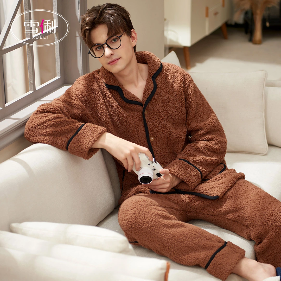 雪俐情侣睡衣男士秋冬款冬季珊瑚绒加厚款加绒女套装9395咖啡