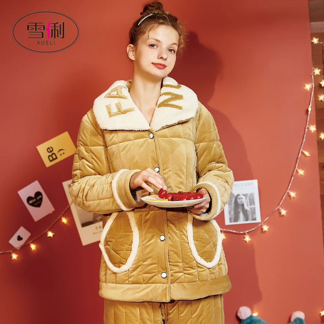 雪俐睡衣女冬季三层加厚夹棉法兰绒珊瑚绒秋冬保暖可外穿8312