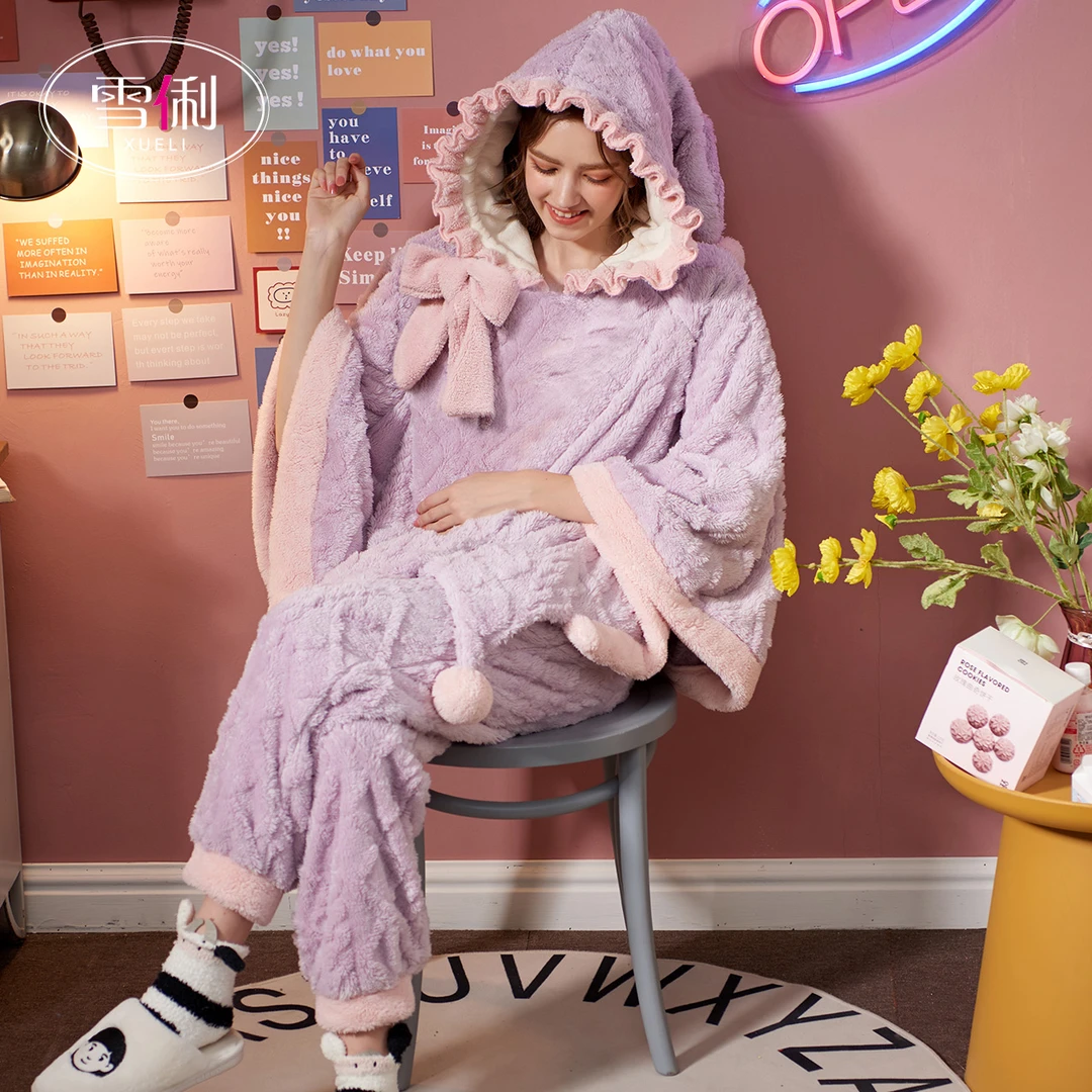 雪俐睡衣女珊瑚绒冬季新款加厚加绒法兰绒秋冬家居服冬天套装8412