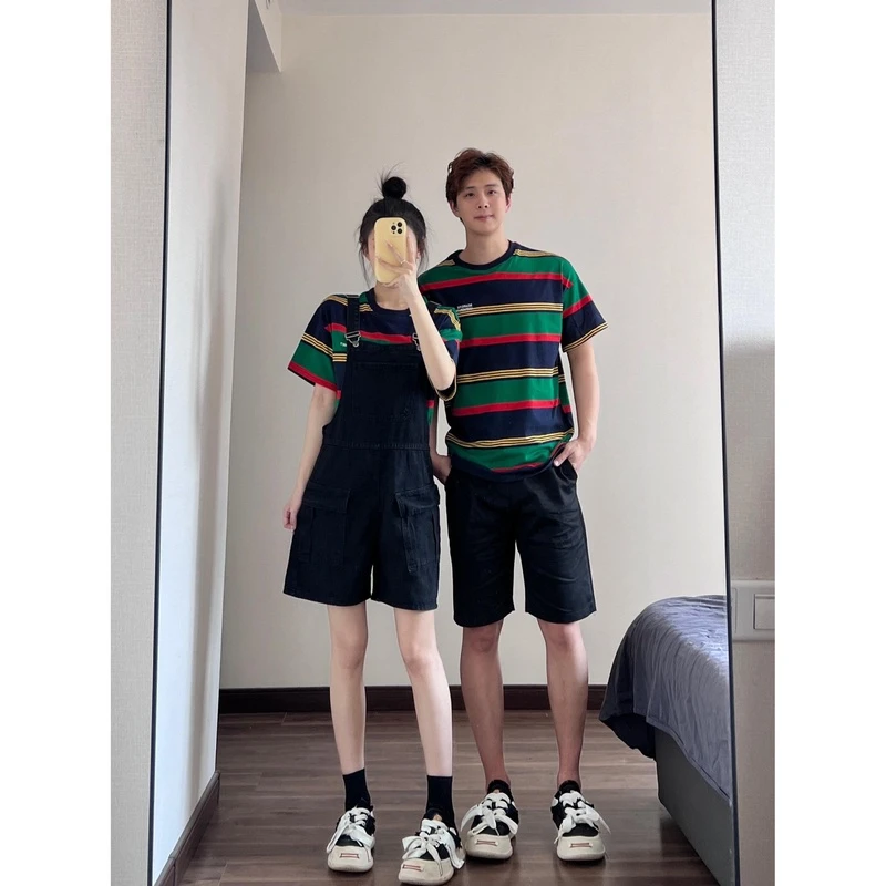 小众设计感情侣装夏装2024新款港风短袖T恤条纹背带裤两件套套装