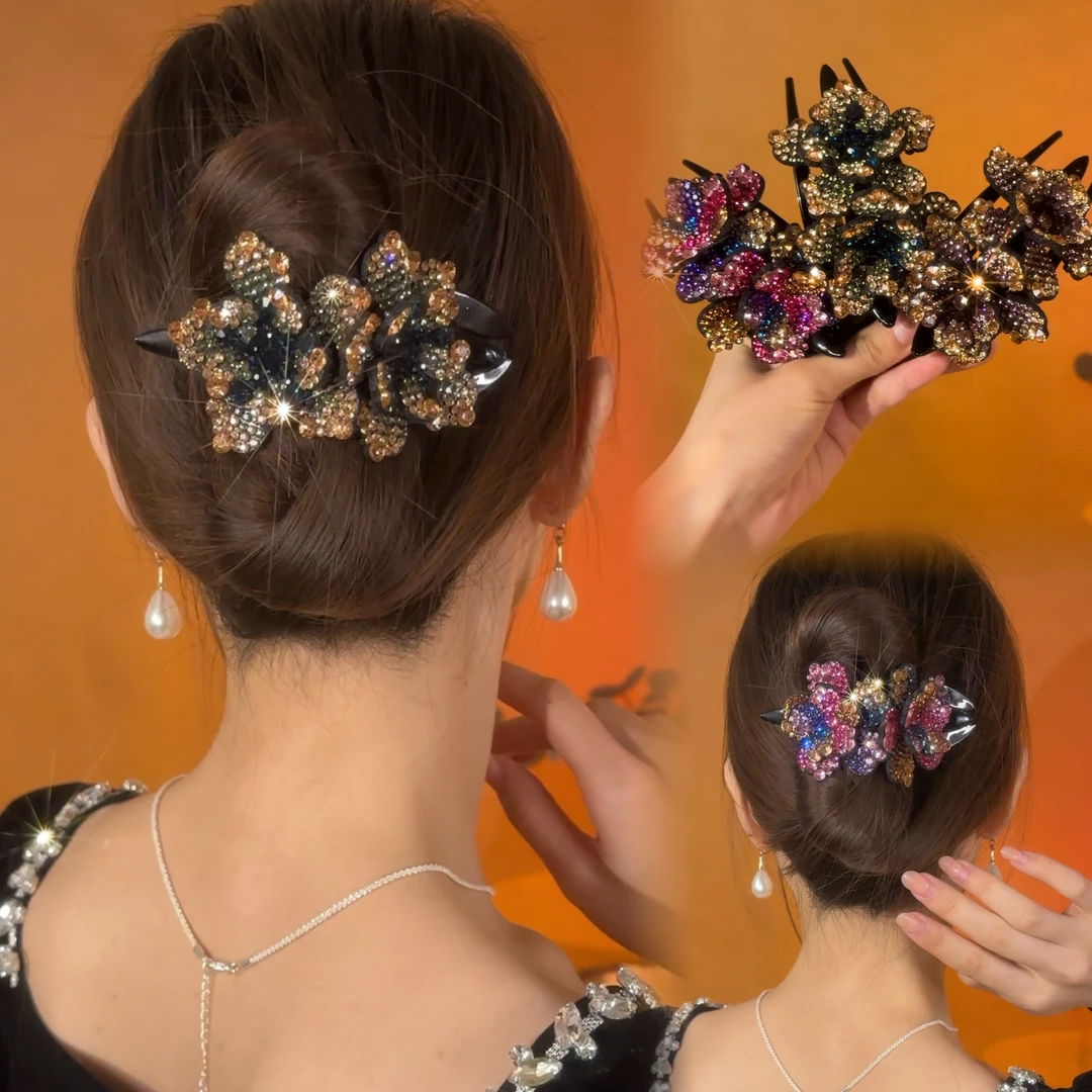 新款双花亮锆燕尾发夹后脑勺头饰花朵水钻鸭嘴夹妈妈顶夹发卡夹子