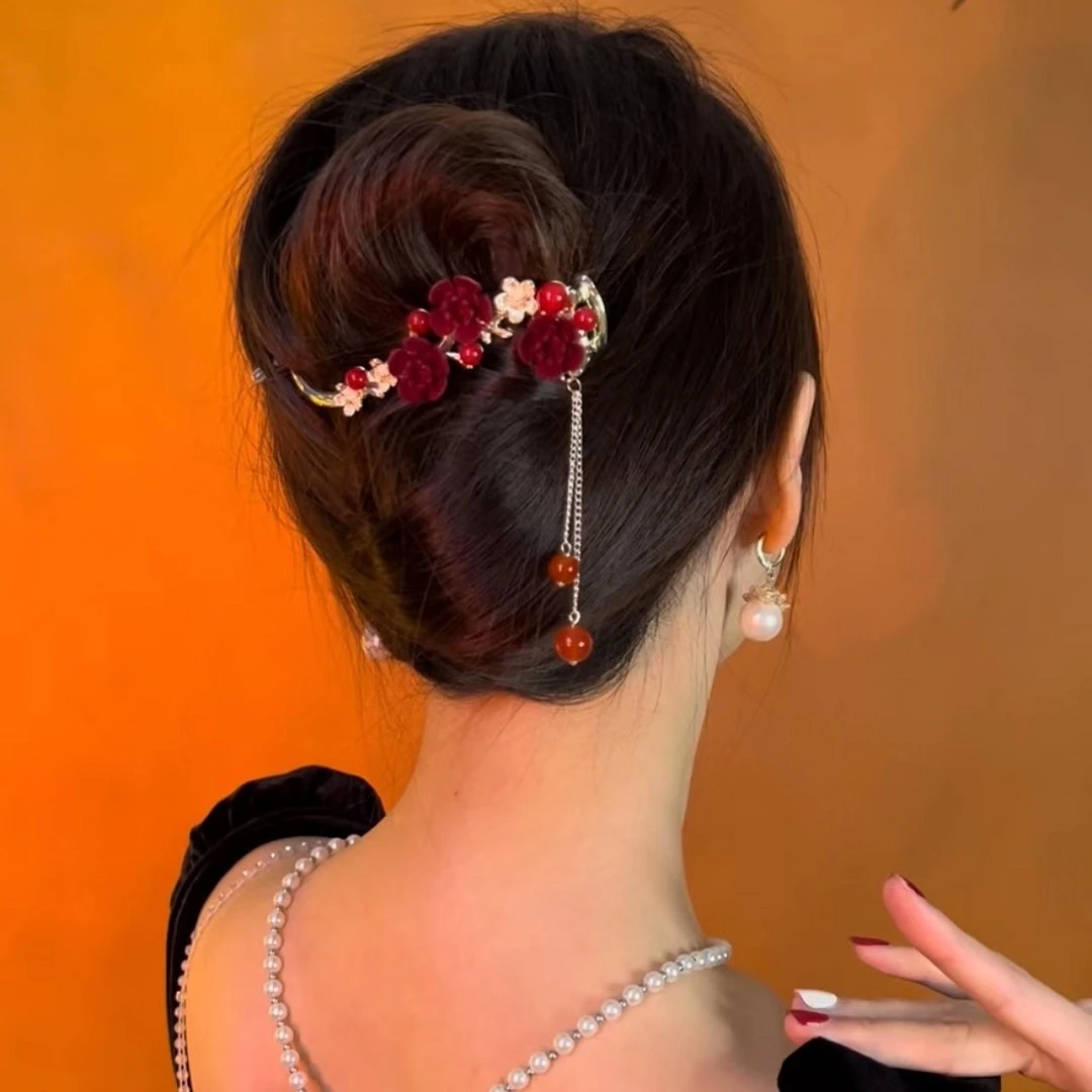 锌合金布艺发饰 高雅梅花流苏一字扭扭夹盘发夹古风抓夹花朵头饰