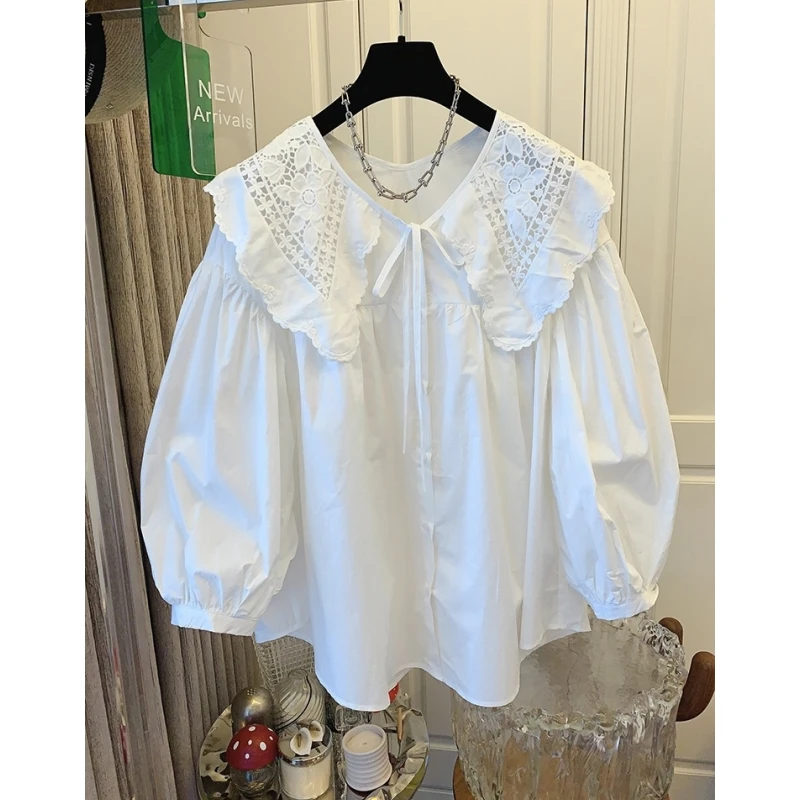 秋季超好看绝美法式大翻领灯笼袖蕾丝刺绣白衬衫减龄娃娃衫上衣女