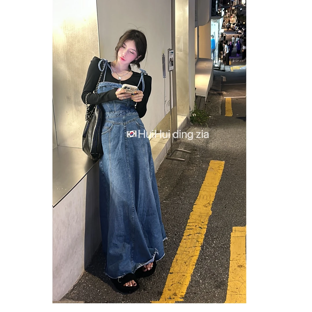 【HuiHui】韩国东大门新款 ins气质显瘦拼接牛仔吊带连衣裙（A981）