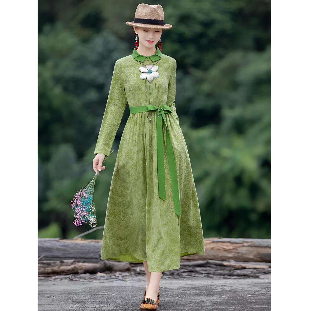 民族印花连衣裙女2025春季新款新中式气质收腰显瘦花色过膝长裙子