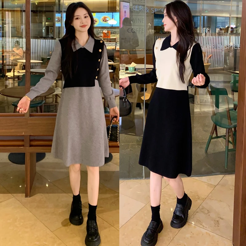 2025春秋新款收腰马甲拼接假两件polo领长袖连衣裙#8867