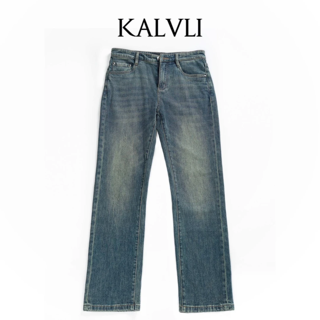 KALVLI男士复古休闲时尚百搭舒适做旧水洗微蓝直筒男牛仔裤KFD080