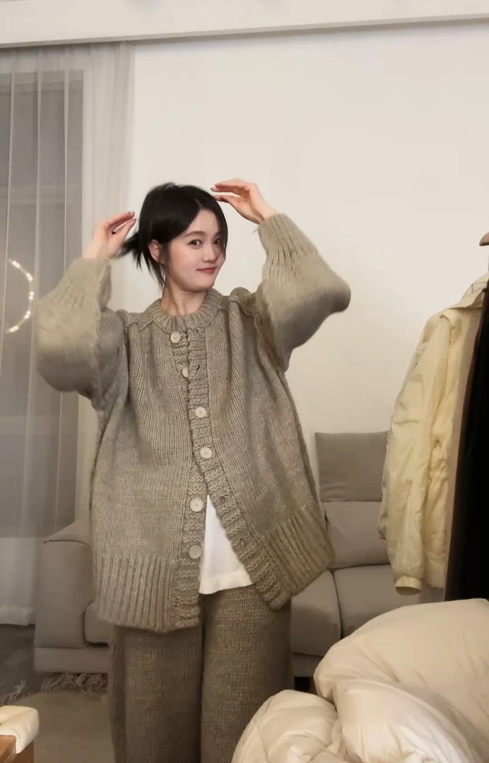 贝壳 羊毛开衫 毛衣外套长袖针织衫宽松慵懒风毛衣针织衫