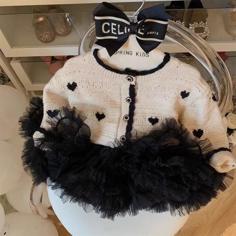 儿童tutu裙两件套2025春秋女童爱心针织开衫韩版套装宝宝毛衣外套